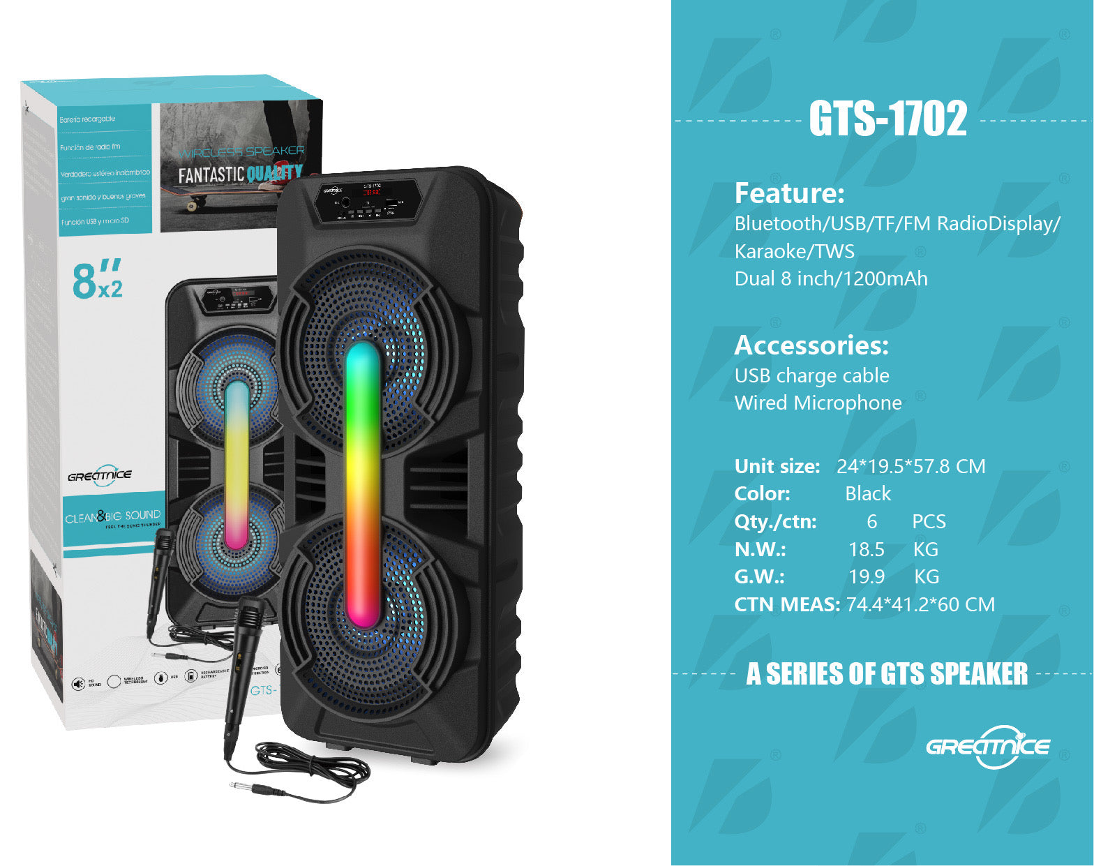 GTA 1702 8INCH DOUBLE MIC WIRED RGB