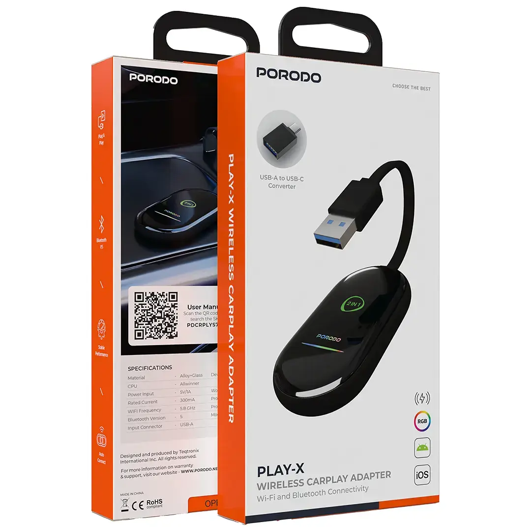 PORODO PLAY-X 2in1 WIRELESS ANDROID CARPLAY ADAPTOR WITH WIFI AND BLUETOOTH