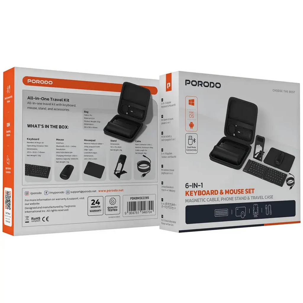 PORODO 6in1 KEYBOARD & MOUSE SET MAGNETIC CABLE,PHONE STAND&TRAVEL CASE