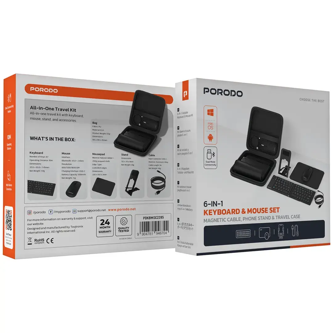 PORODO 6in1 KEYBOARD & MOUSE SET MAGNETIC CABLE,PHONE STAND&TRAVEL CASE