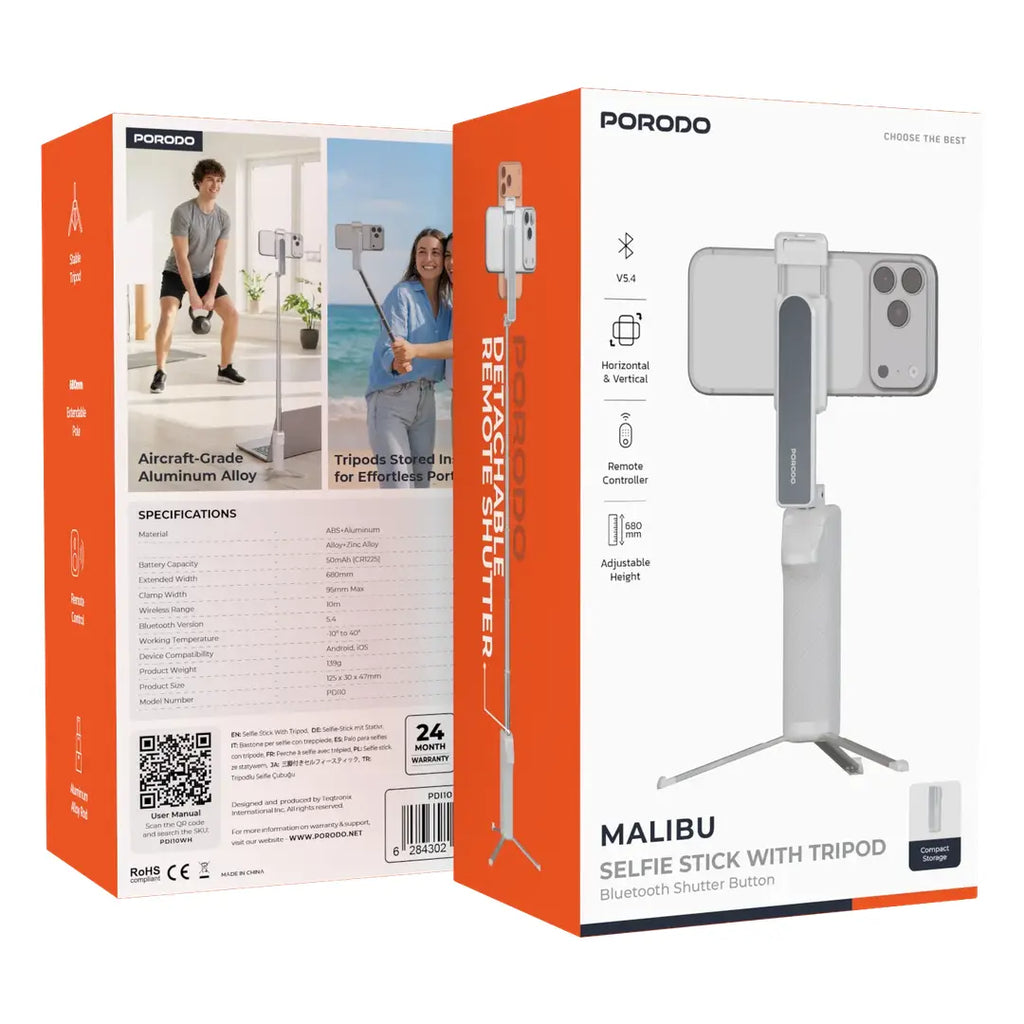 PORODO MALIBU SELFIE STICK WITH TRIPOD AND BT SHITTER BUTTON