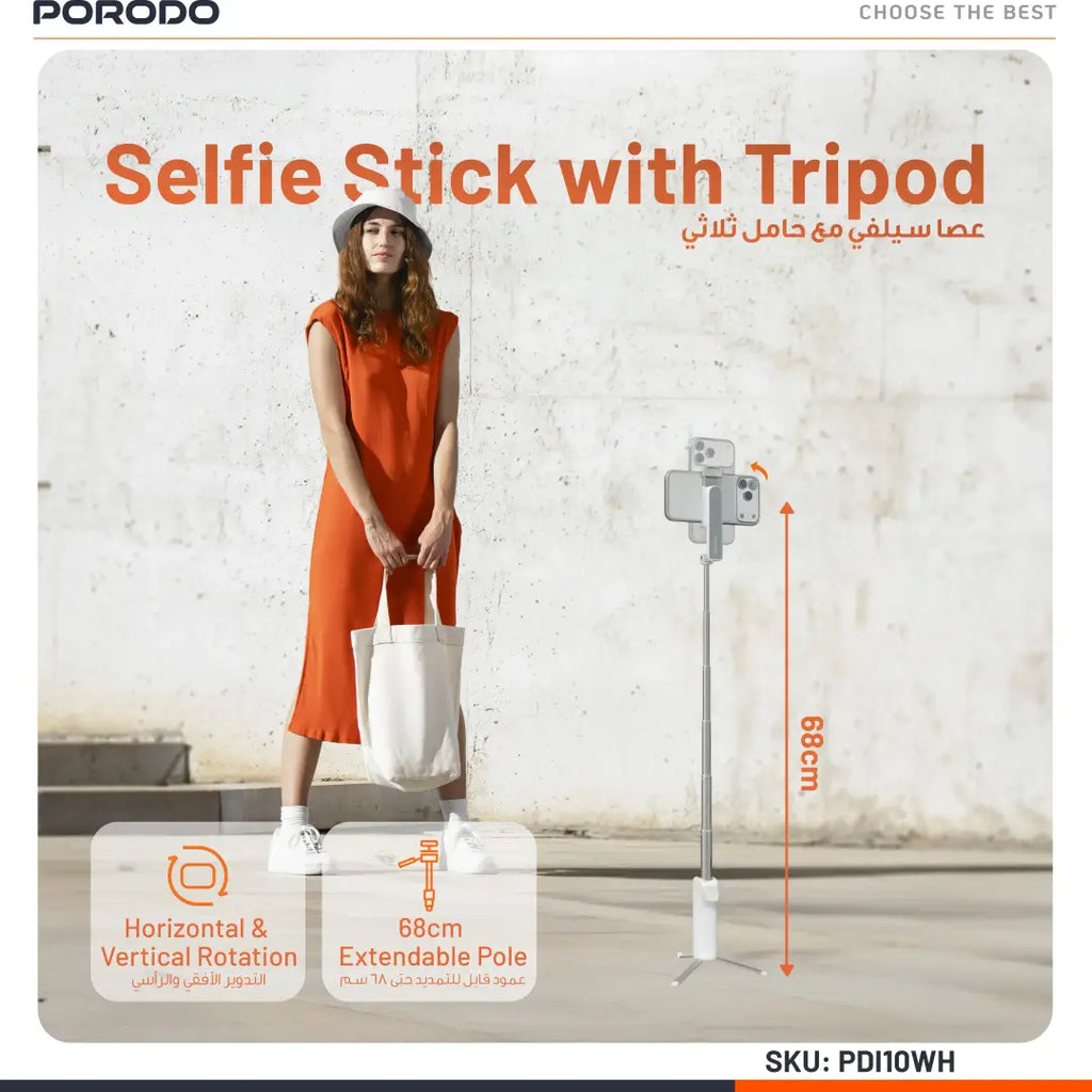 PORODO MALIBU SELFIE STICK WITH TRIPOD AND BT SHITTER BUTTON