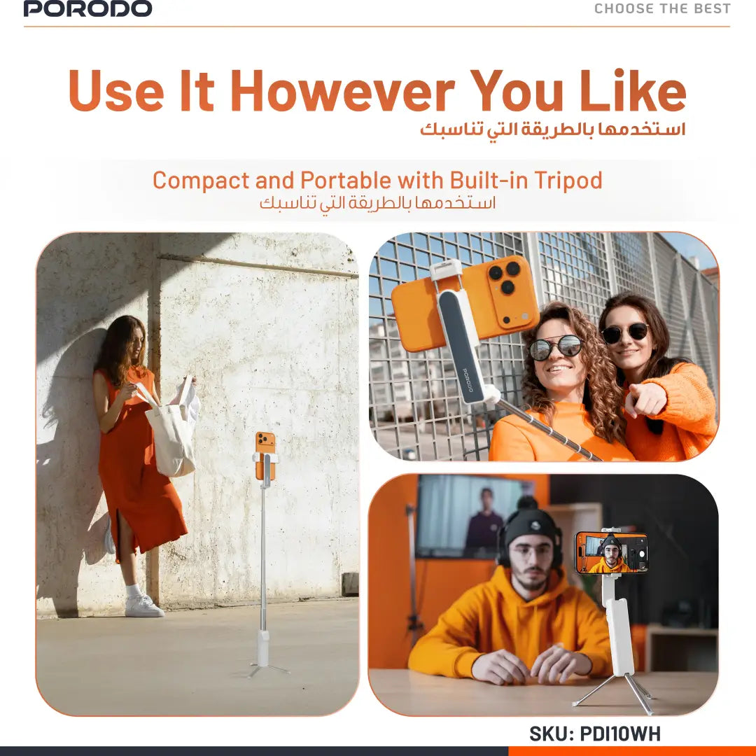 PORODO MALIBU SELFIE STICK WITH TRIPOD AND BT SHITTER BUTTON