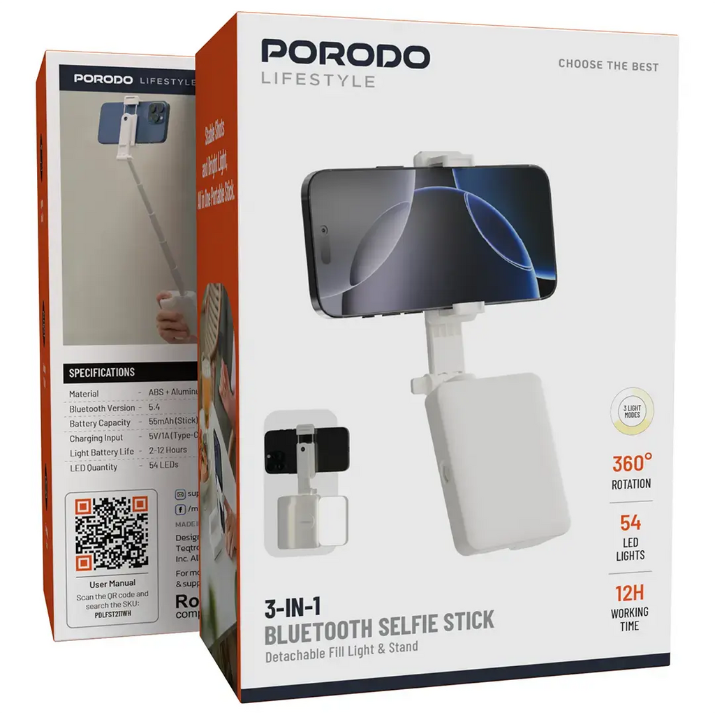 PORODO SELFIE STICK WITH BLUETOOTH AND FILL LIGHT 650 MAH
