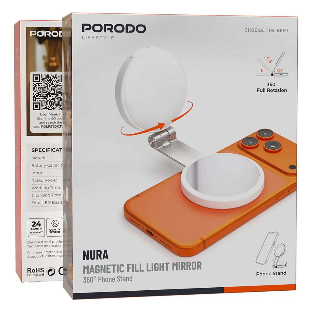 PORODO NURA 360 ROTATABLE FOLDABLE MAGNETIC FILL LIGHT WITH PHONE STAND AND MIRROR