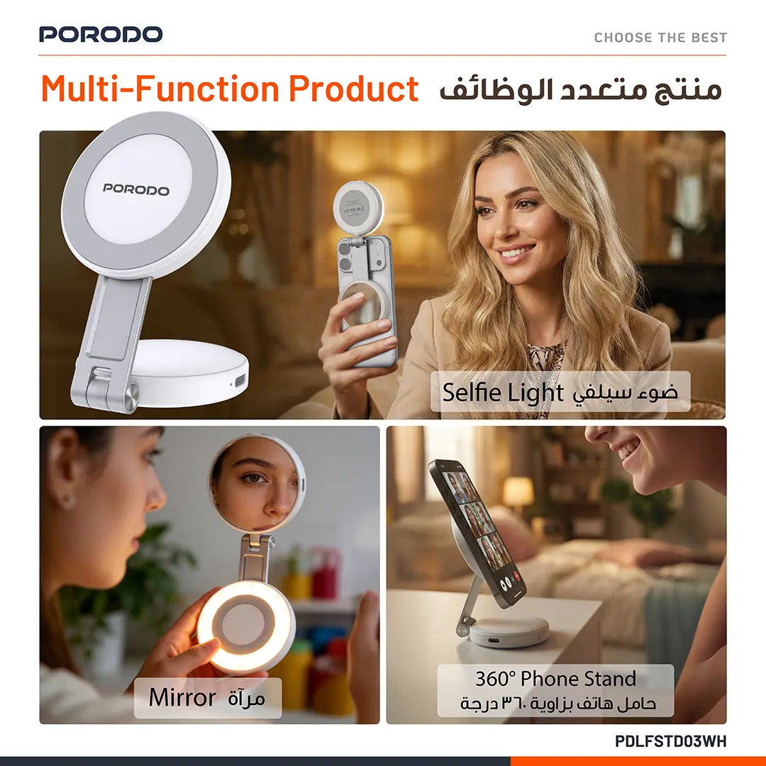 PORODO NURA 360 ROTATABLE FOLDABLE MAGNETIC FILL LIGHT WITH PHONE STAND AND MIRROR