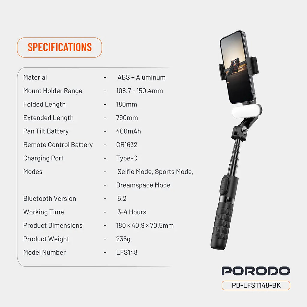 PORODO QUADBASE GOMBAL STABILIZER SELFIE STICK TRIPOD WITH FILL LIGHT&DETACHABLE REMOTE