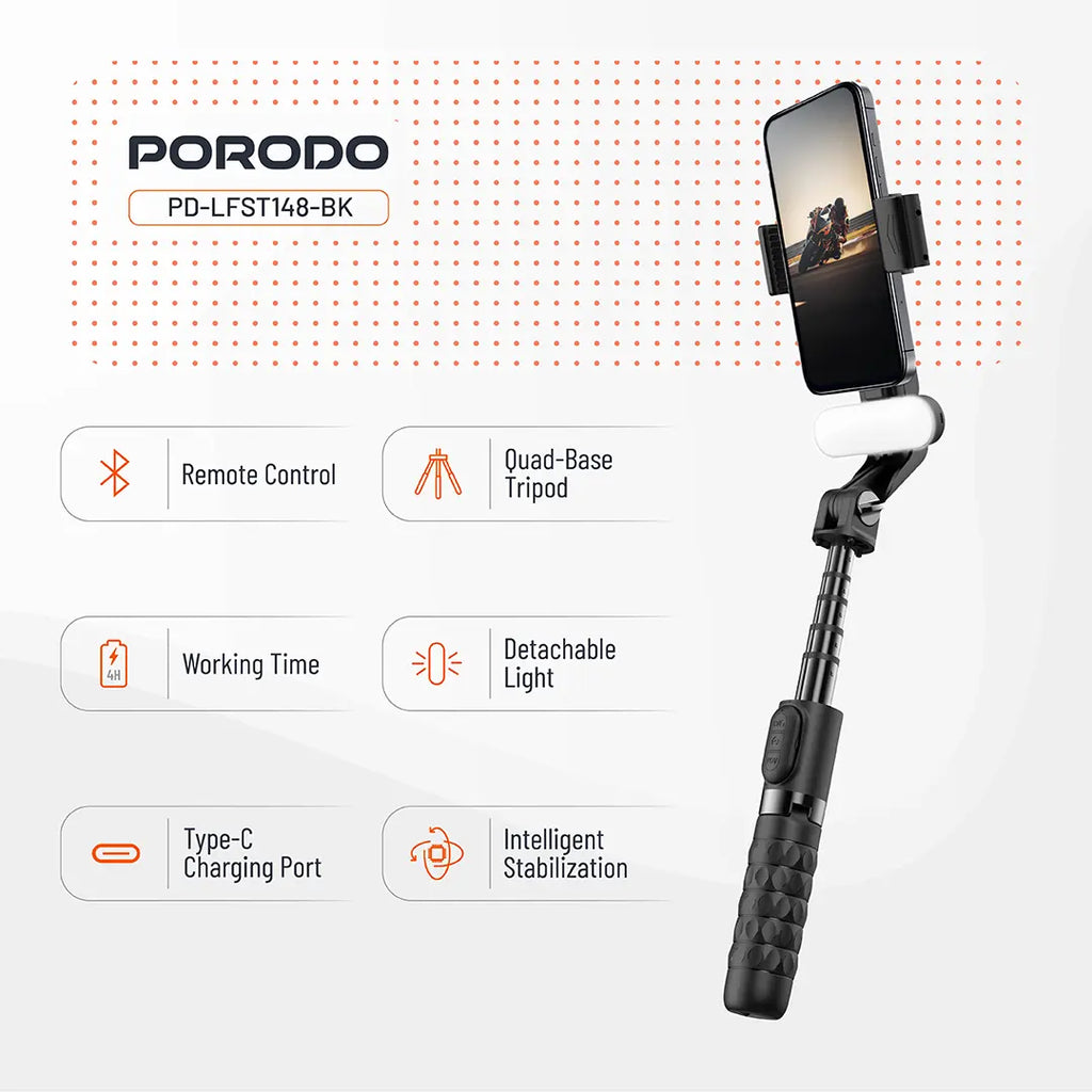 PORODO QUADBASE GOMBAL STABILIZER SELFIE STICK TRIPOD WITH FILL LIGHT&DETACHABLE REMOTE