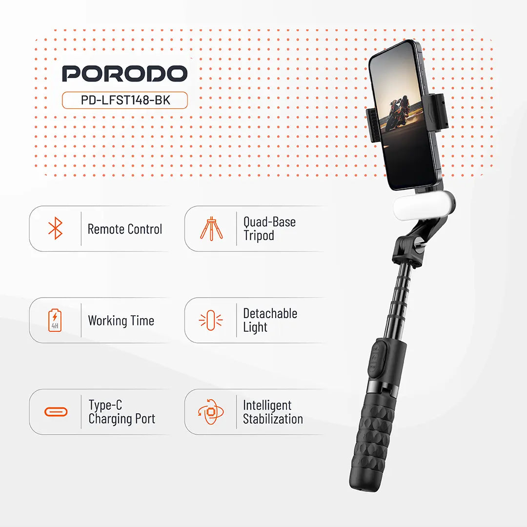 PORODO QUADBASE GOMBAL STABILIZER SELFIE STICK TRIPOD WITH FILL LIGHT&DETACHABLE REMOTE
