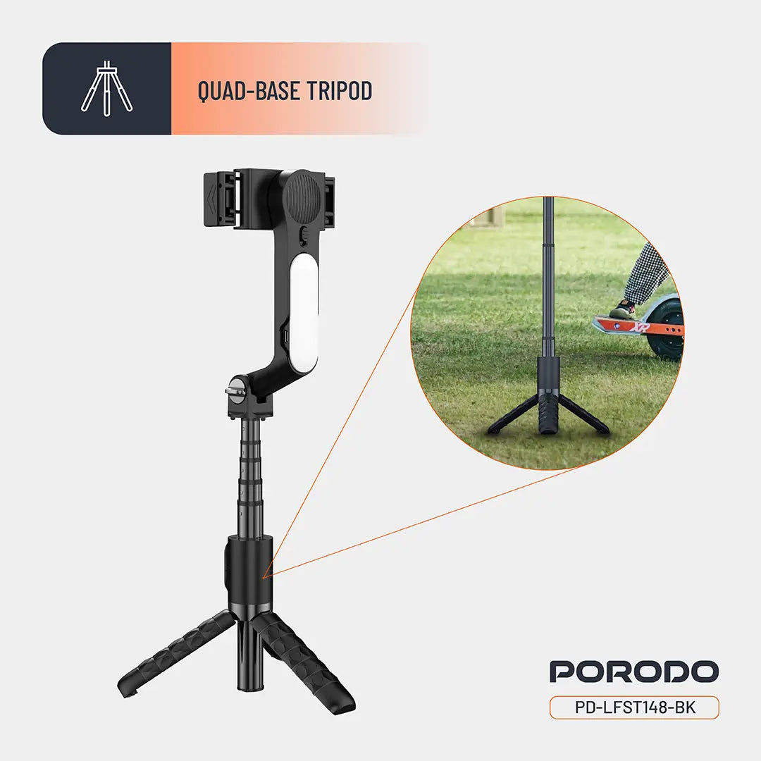 PORODO QUADBASE GOMBAL STABILIZER SELFIE STICK TRIPOD WITH FILL LIGHT&DETACHABLE REMOTE