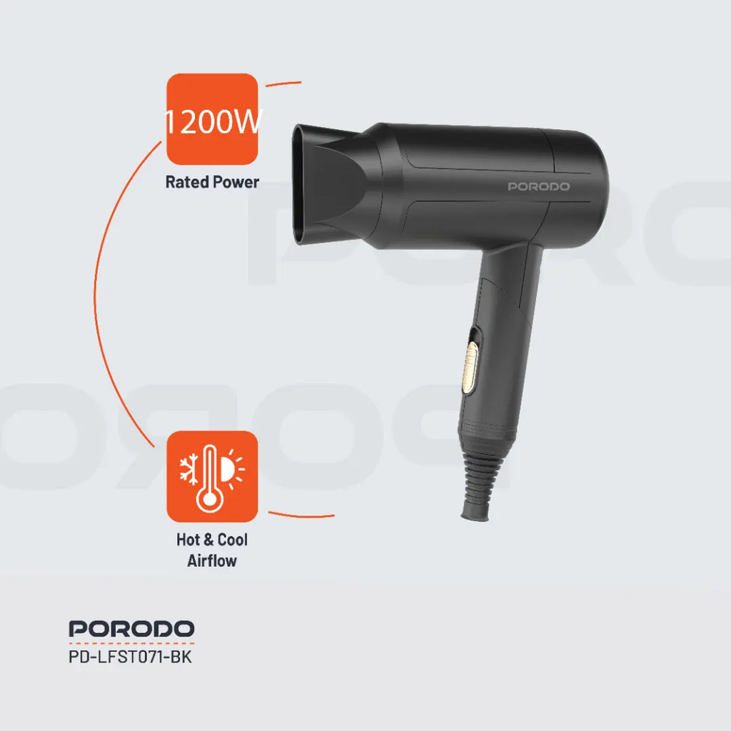 PORODO LIFESTYLE 1200W FOLDABLE HAIR DRYER 1.6M CABLE