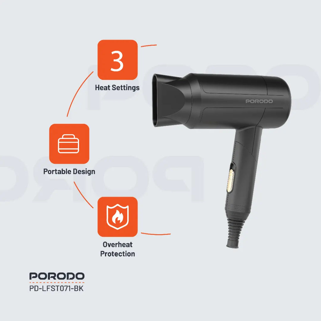 PORODO LIFESTYLE 1200W FOLDABLE HAIR DRYER 1.6M CABLE