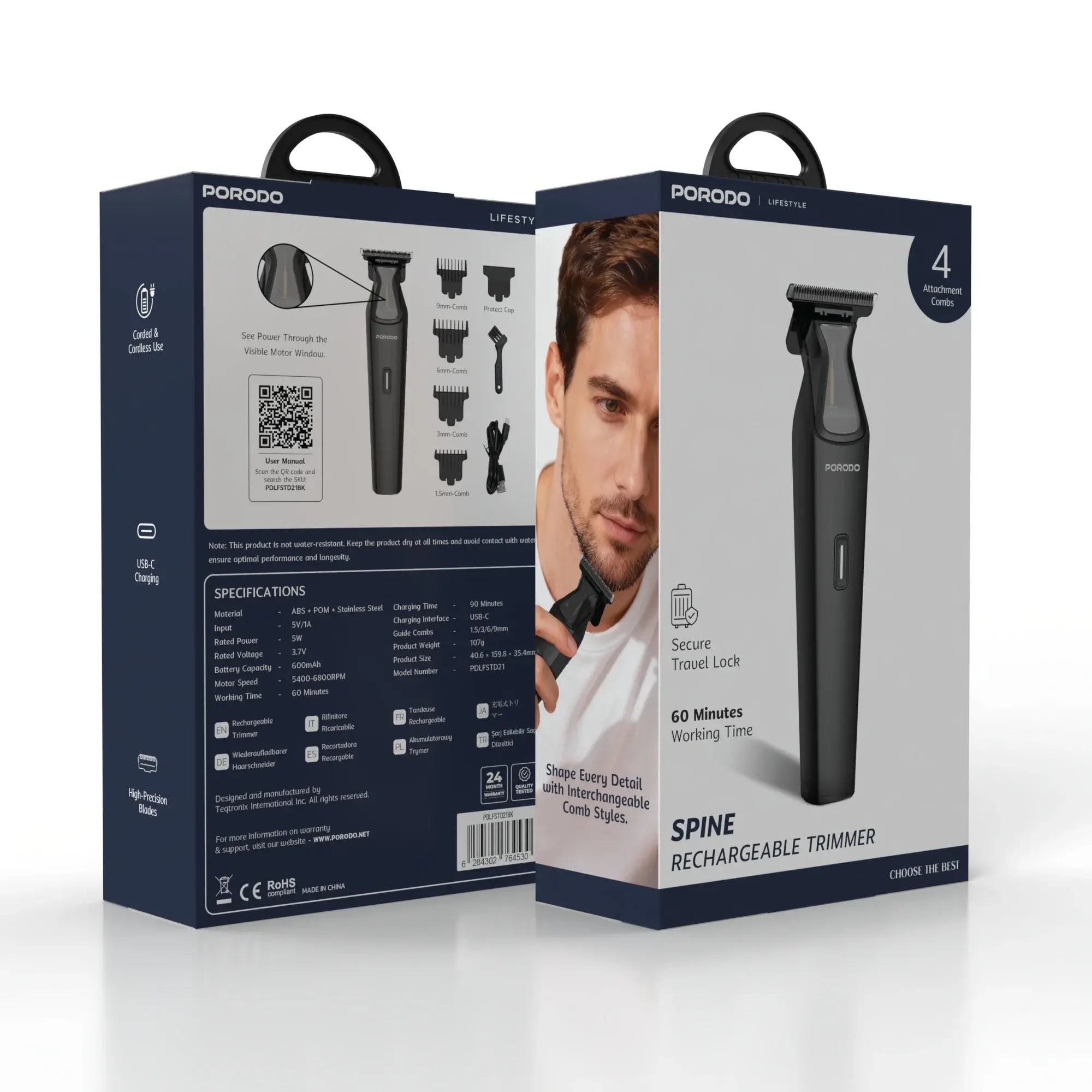PORODO SPINE LIFESTYLE RECHARGEABLE TRIMMER WITH TYPE-C