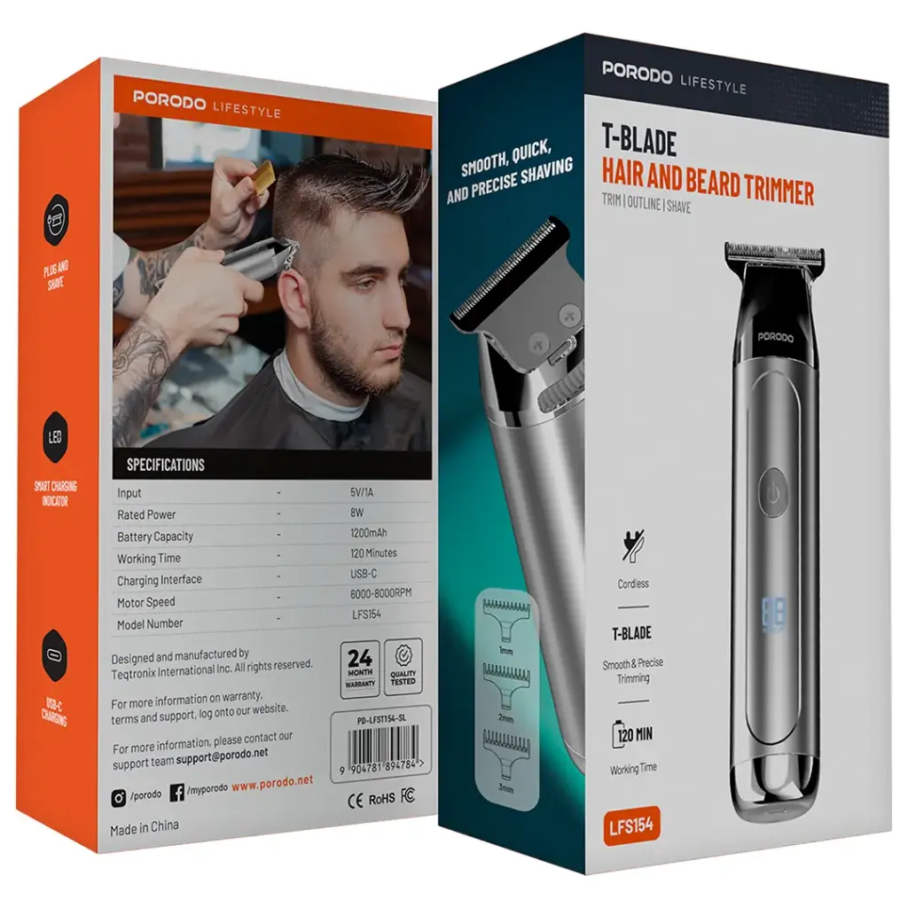 PORODO LIFESTYLE T-BLADE 8W HAIR TRIMMER WITH 3 DETACHABLE COMBS 1200MAH