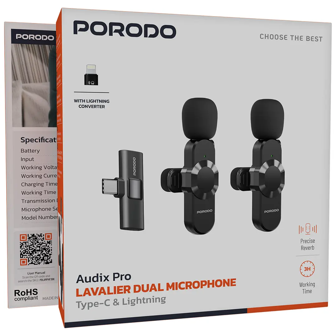PORODO AUDIX PRO LAVALIER  DUAL MICROPHONE TYPE-C + LIGHTENING CONNECTOR