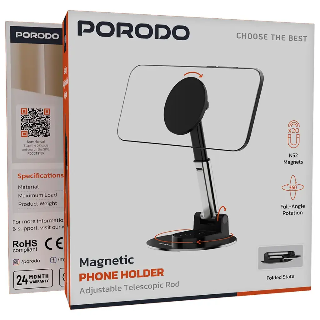 porodo MAGNETIC PHONE HOLDER ADJUSTABLE TELESCOPIC ROD