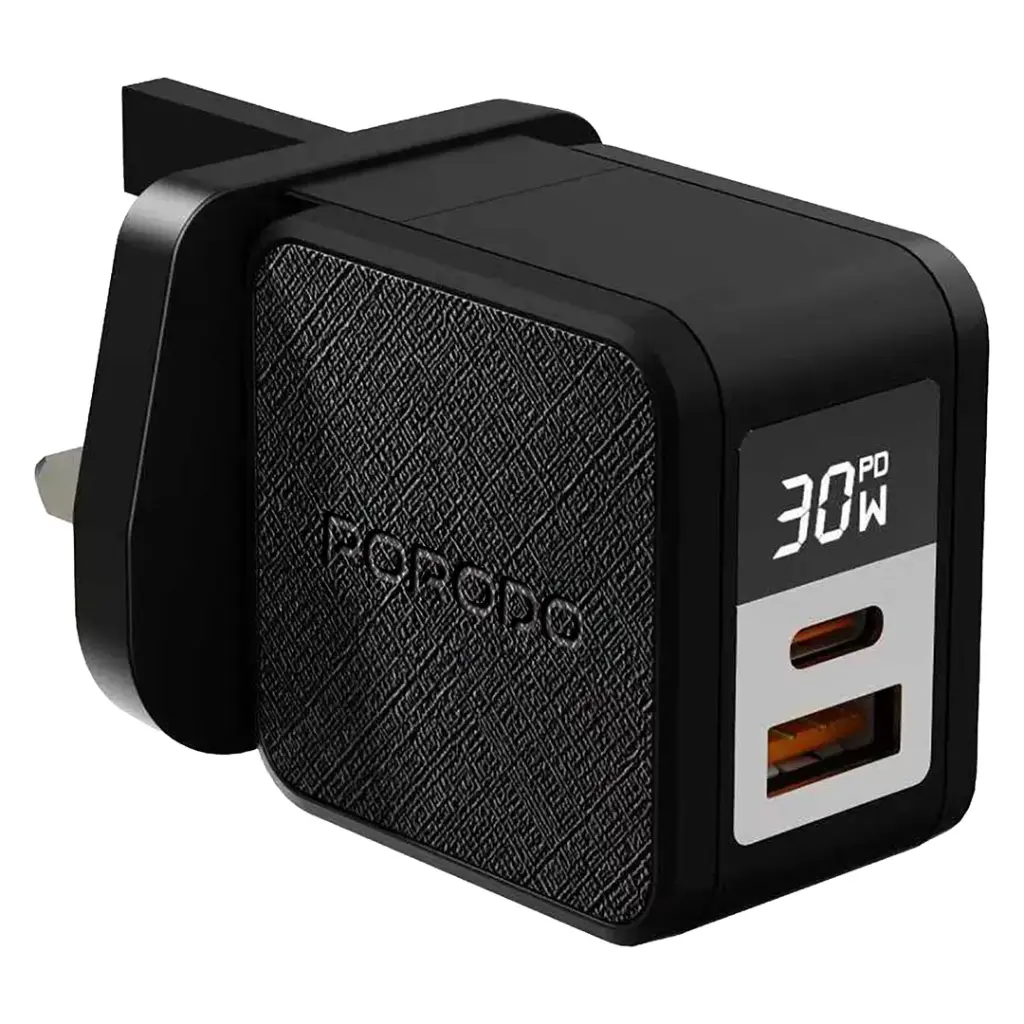 PORODO QUANTUM 30W A+C UK GAN CHARGER WITH DIGITAL SCREEN
