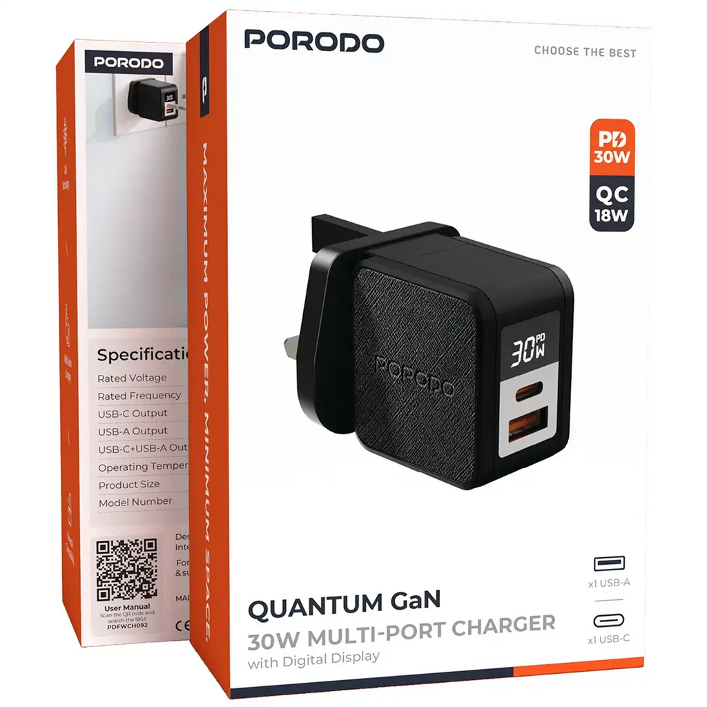 PORODO QUANTUM 30W A+C UK GAN CHARGER WITH DIGITAL SCREEN