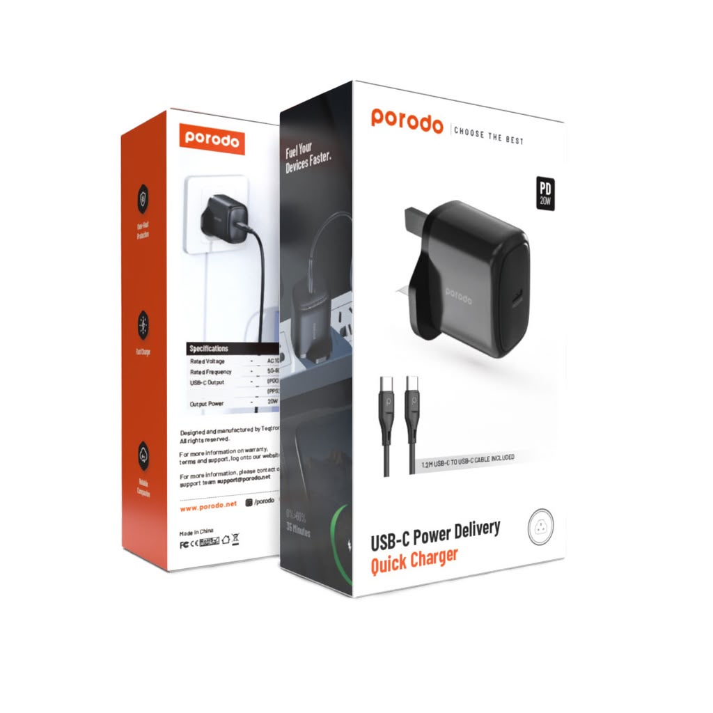 PORODO TELTO PD 20W TYPE-C ADAPTOR WITH 1M C TO C CABLE
