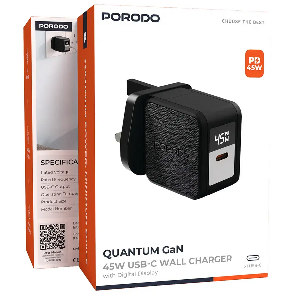 PORODO  QUANTUM 45W A+C UK GAN CHARGER WITH DIGITAL SCREEN