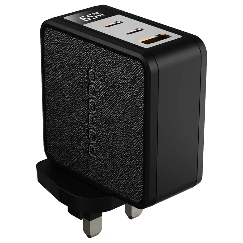 PORODO QUATUM 65 W C+C+A UK GAN CHARGER WITH DIGITAL SCREEN