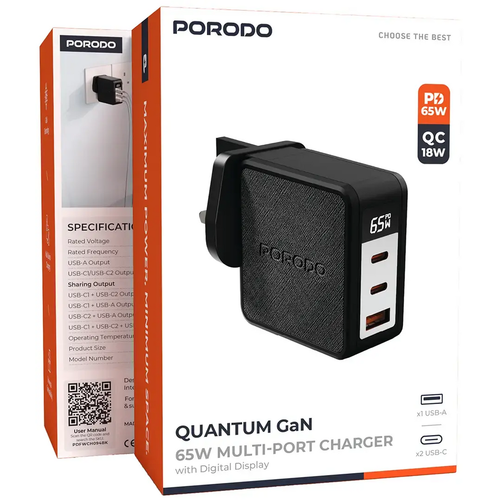 PORODO QUATUM 65 W C+C+A UK GAN CHARGER WITH DIGITAL SCREEN