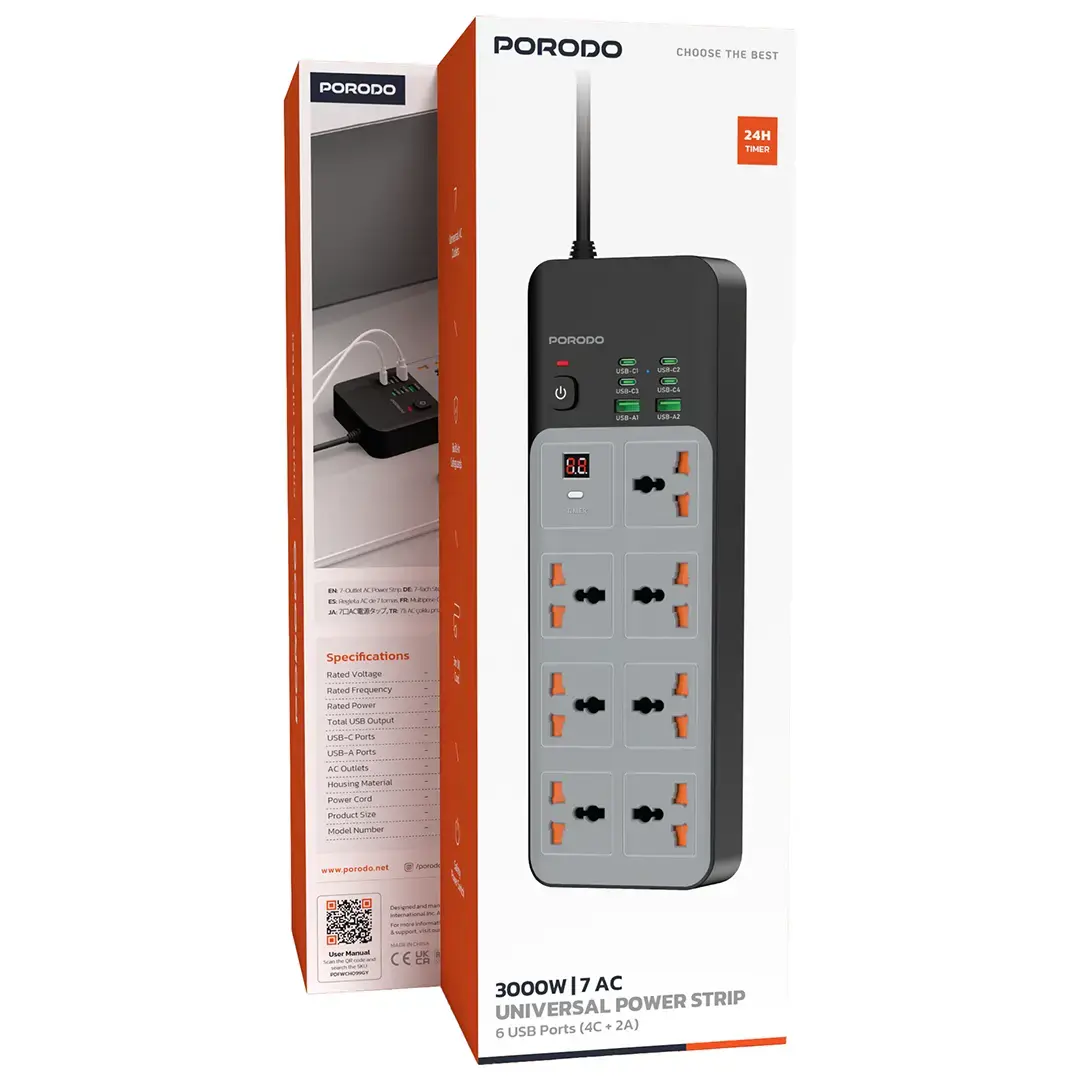 PORODO 7in1 POWER SOCKET WITH UNIVERSAL AC OUTPUT 4C 3M LENGHT