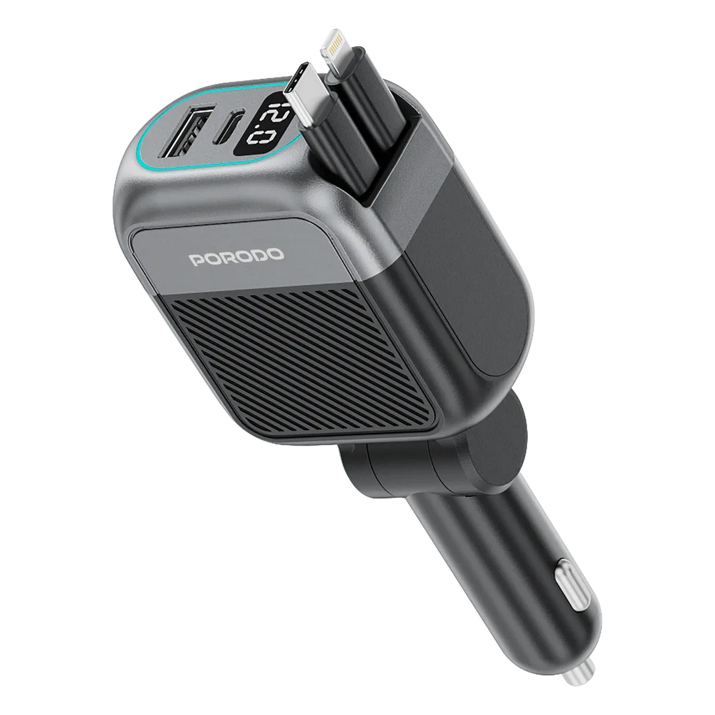 PORODO CAR CHARGER WITH PD 45 W RETRACTABLE TYPE-C &LIGHTENING TOTAL OUTPUT OF 105W