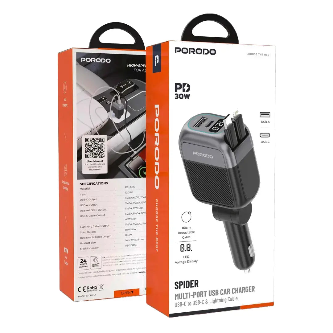 PORODO CAR CHARGER WITH PD 45 W RETRACTABLE TYPE-C &LIGHTENING TOTAL OUTPUT OF 105W
