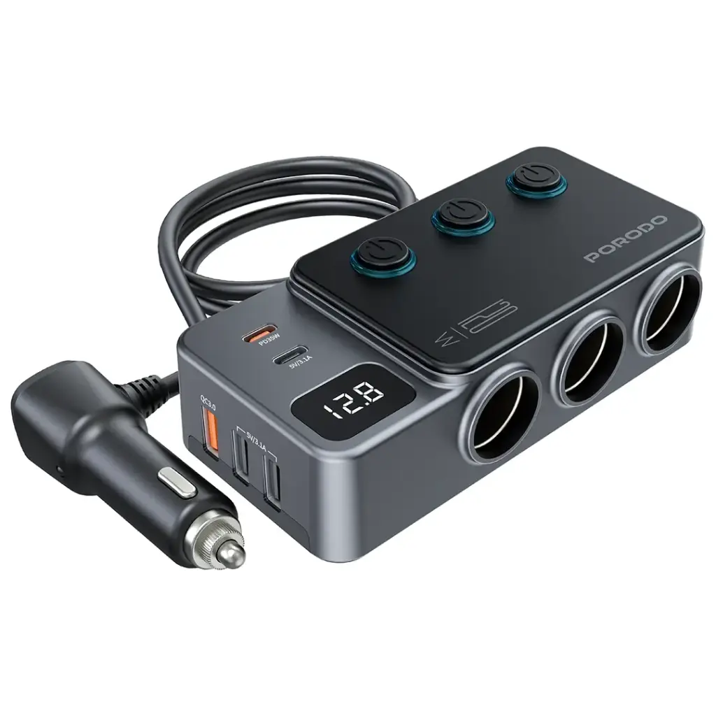 porodo 120w car charger hub triple port lighter socket