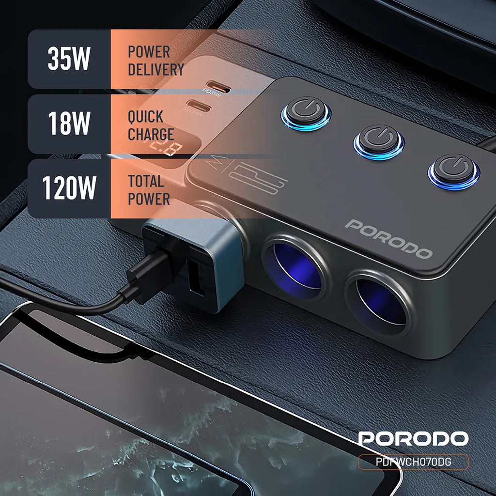 porodo 120w car charger hub triple port lighter socket