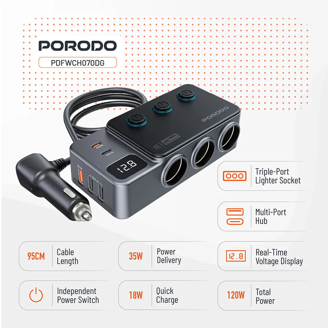 porodo 120w car charger hub triple port lighter socket