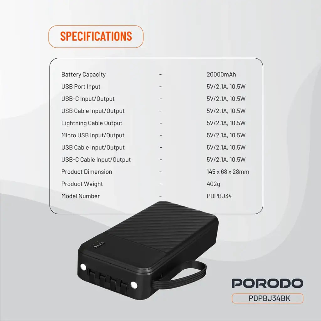PORODO PIANO 20000MAH  MOVED POWERBANK WITH 4 WIRE