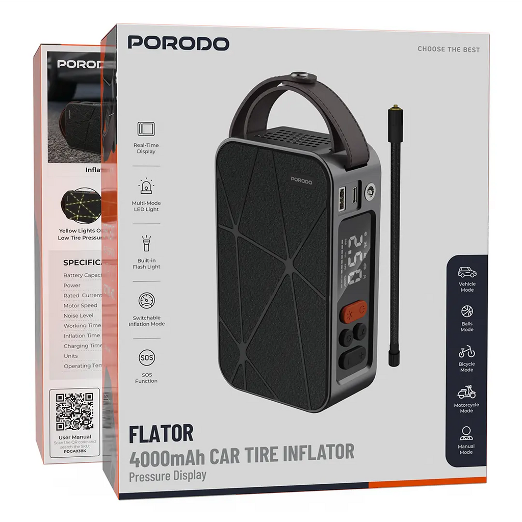 PORODO FLATOR 60W CAR TIRE INFLATOR WITH 4000 MAH BATTERY