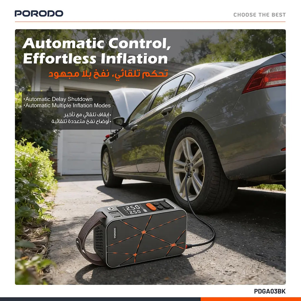 PORODO FLATOR 60W CAR TIRE INFLATOR WITH 4000 MAH BATTERY