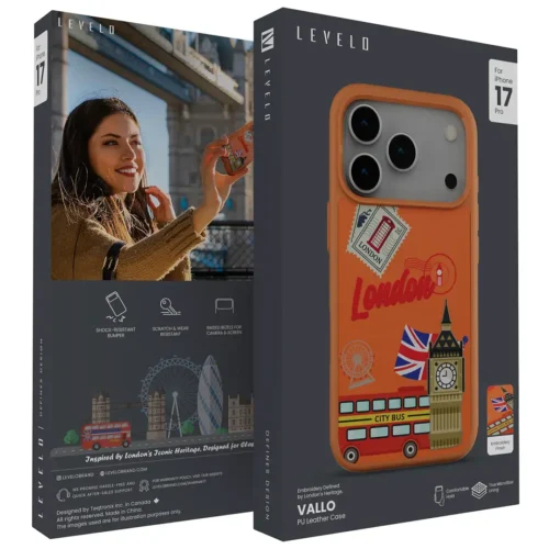 LEVELO VALLO PU LEATHER CASE WITH LONDON EMBROIDERY DESIGN 17PRO-SUNRISE ORANGE